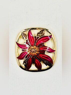 Gold-Tone Red Floral Poinsettia Cloisonné Enamel Brooch 1.75”X1.5”